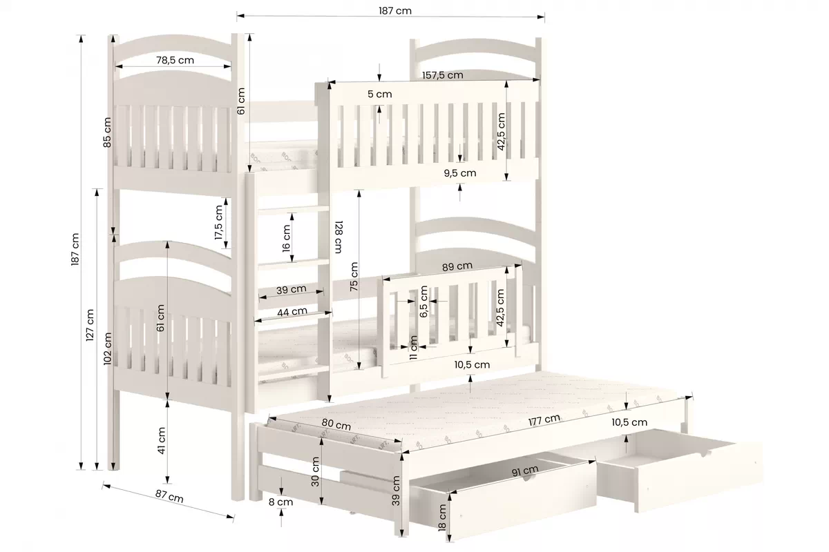 Pat supraetajat extensibil 3 persoane. Amely 80x180 - culoare pin Pat supraetajat retractabil 3 os. Amely - Dimensiuni