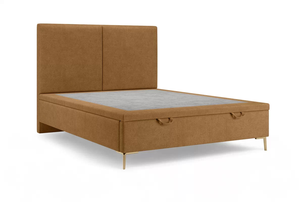  Postel boxspring Lektis 160x200 s úložným prostorem- medová hnědá potahová látka snadno čistitelný Maya 06 / Nohy kovové zlote  Postel boxspring Lektis 160x200 s úložným prostorem- medová hnědá potahová látka snadno čistitelný Maya 06 / Nohy kovové zlote