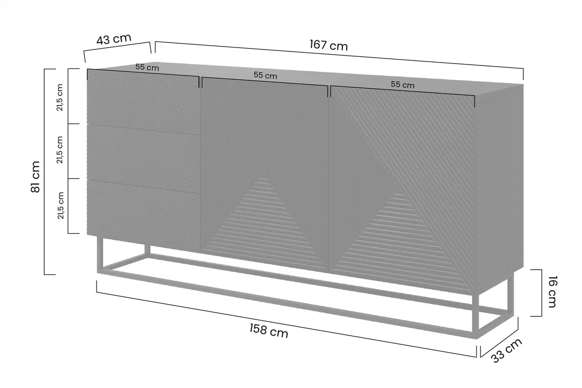 Komoda Asha 167 cm na čiernom podstavci - čierny mat Komoda Asha 167 cm so zásuvkami i metalowymi nogami - Čierny mat