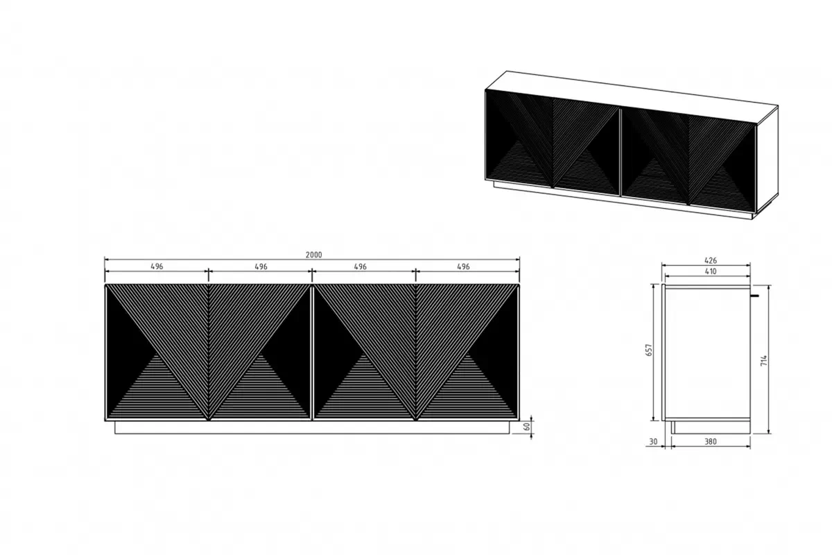 Moderní Komoda Asha s frézovanými frontem 200 cm - kašmír Komoda Asha 200 cm s frézovanou přední částí - kašmír