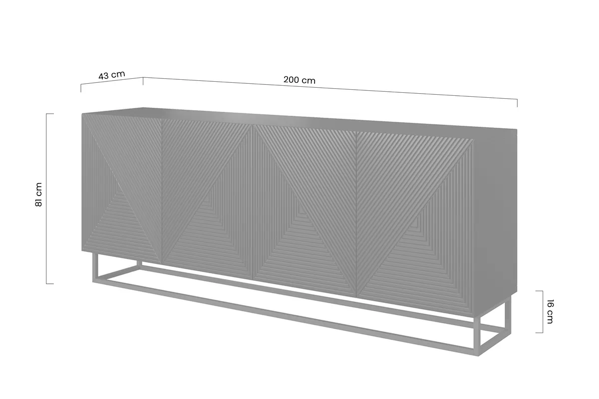 Komoda Asha 200 cm - kašmírová / černý kovový podstavec Komoda Asha 200 cm s frézovanou přední částí i metalowym, czarnym stelazem - kašmír