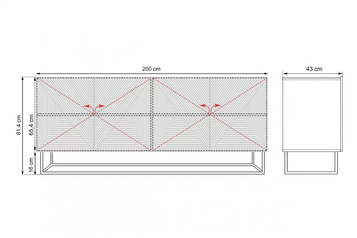 Komoda Asha 200 cm - kašmírová / černý kovový podstavec Komoda Asha 200 cm s frézovanou přední částí i metalowym, czarnym stelazem - kašmír