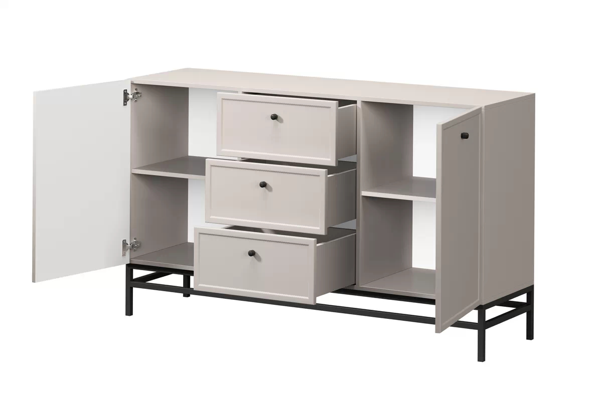 Komoda Lorini 150 cm so zásuvkami - kašmír / čierne úchytky / kovová podnož Komoda Lorini 150 cm so zásuvkami - kašmír / čierny úchyty / Rošt