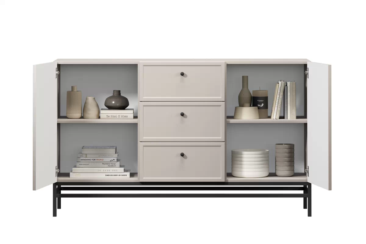 Komoda Lorini 150 cm so zásuvkami - kašmír / čierne úchytky / kovová podnož Komoda Lorini 150 cm so zásuvkami - kašmír / čierny úchyty / Rošt