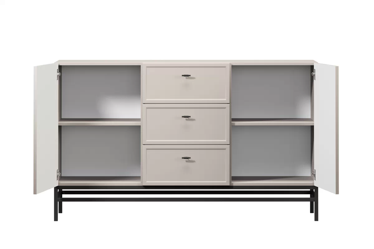Komoda Lorini 150 cm so zásuvkami - kašmír / čierne úchytky T-bar / kovová podnož Komoda Lorini 150 cm so zásuvkami - kašmír / čierny úchyty T-bar / Rošt