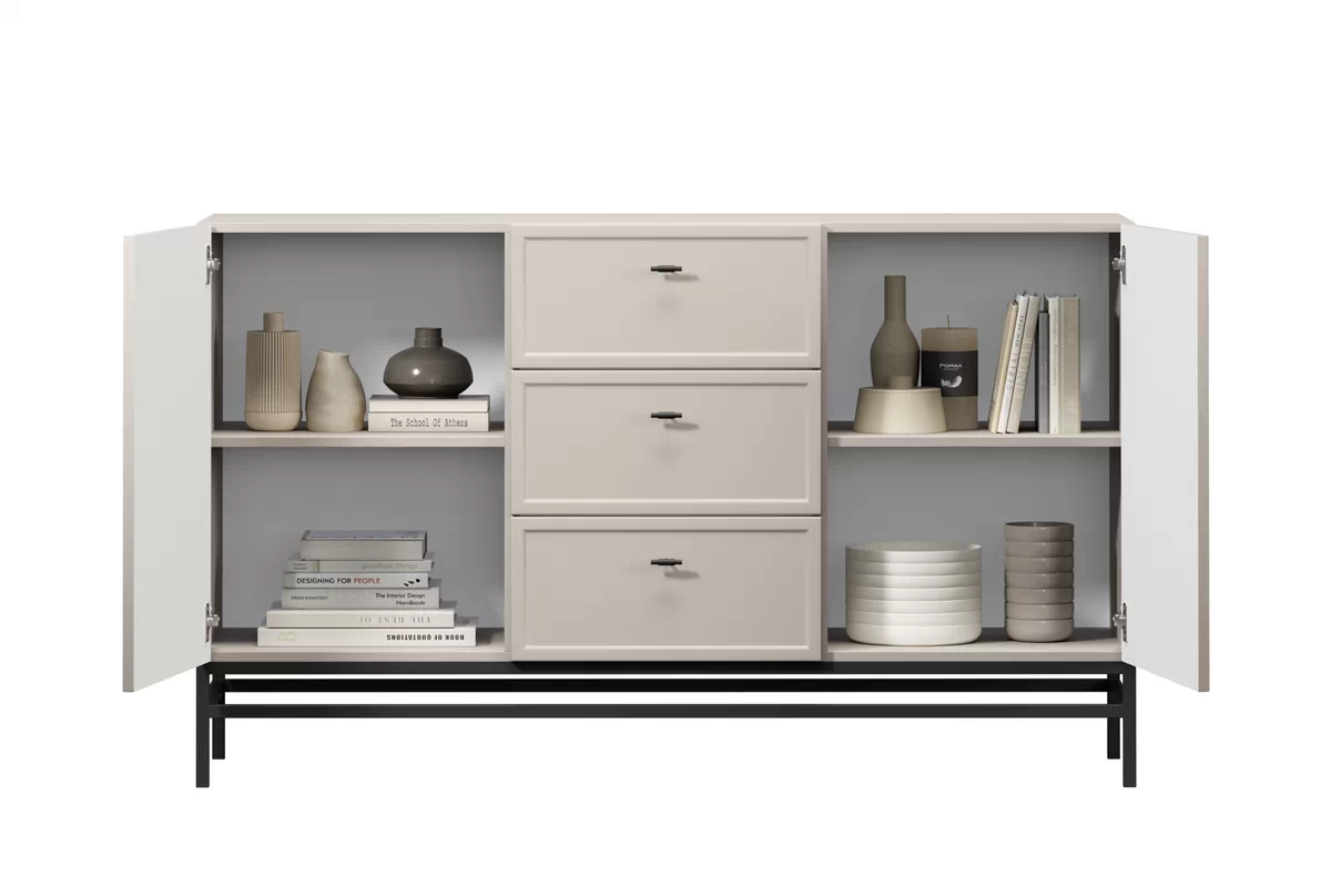 Komoda Lorini 150 cm so zásuvkami - kašmír / čierne úchytky T-bar / kovová podnož Komoda Lorini 150 cm so zásuvkami - kašmír / čierny úchyty T-bar / Rošt
