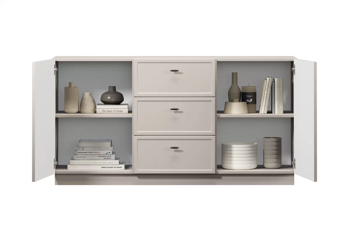 Komoda Lorini 150 cm so zásuvkami - kašmír / čierne úchytky T-bar Komoda Lorini 150 cm so zásuvkami - kašmír / čierny úchyty T-bar