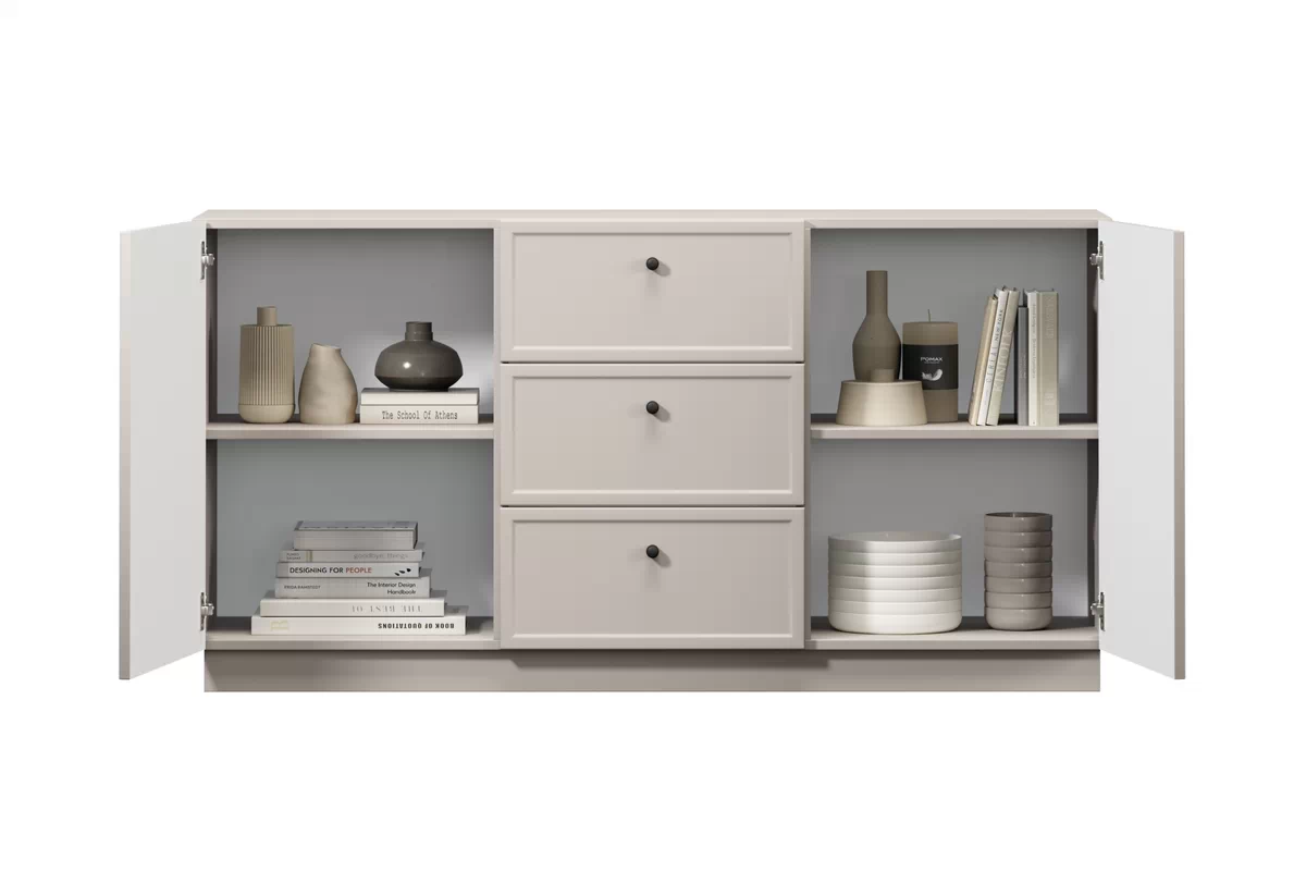 Komoda Lorini 150 cm so zásuvkami - kašmír / čierne úchytky Komoda Lorini 150 cm so zásuvkami - kašmír / čierny úchyty