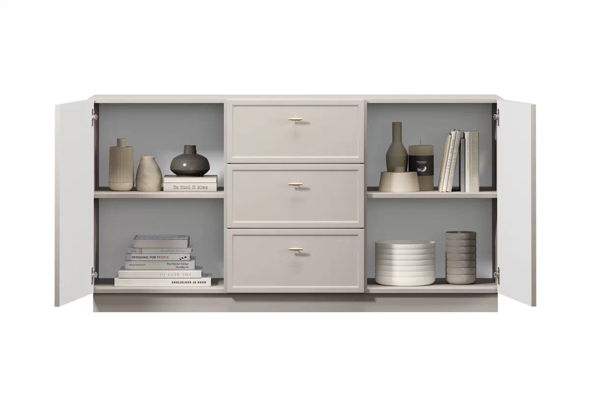 Komoda Lorini 150 cm so zásuvkami - kašmír / zlaté úchytky T-bar Komoda Lorini 150 cm so zásuvkami - kašmír / zlote úchyty T-bar