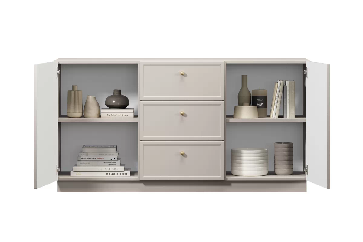 Komoda Lorini 150 cm so zásuvkami - kašmír / zlaté úchytky Komoda Lorini 150 cm so zásuvkami - kašmír / zlote úchyty