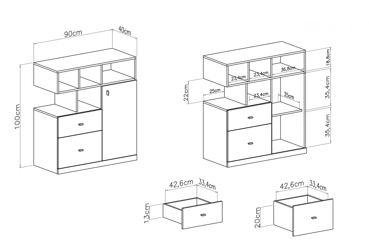 Mobi MO9 egyajtós komód négy polccal és két fiókkal - fehér / sárga Komod mlodziezowa Mobi MO9 fiokokkal 90 cm - fehér / zolty