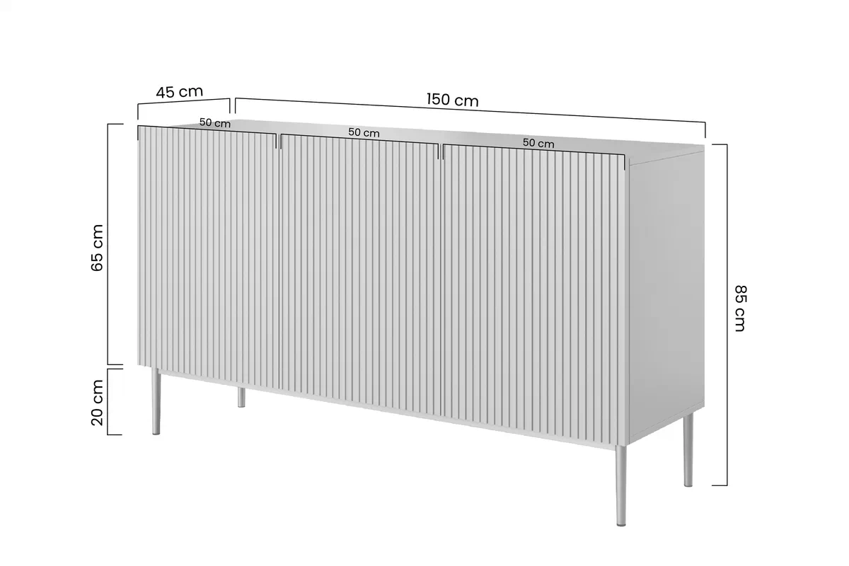 Komoda Nicole 150 cm - biely mat / čierna Komoda Nicole 150 cm s frézovaným frontom i metalowymi nogami - biely mat / čierny nozki