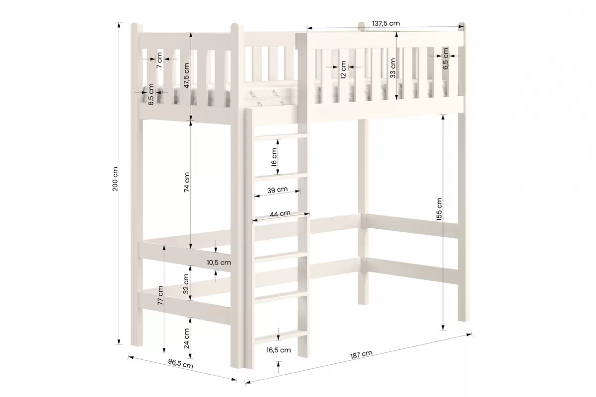 Vyvýšená detská posteľ Swen ZP 008 - 90x180 cm - biela Posteľ vyvýšená drevená Swen - Rozmery