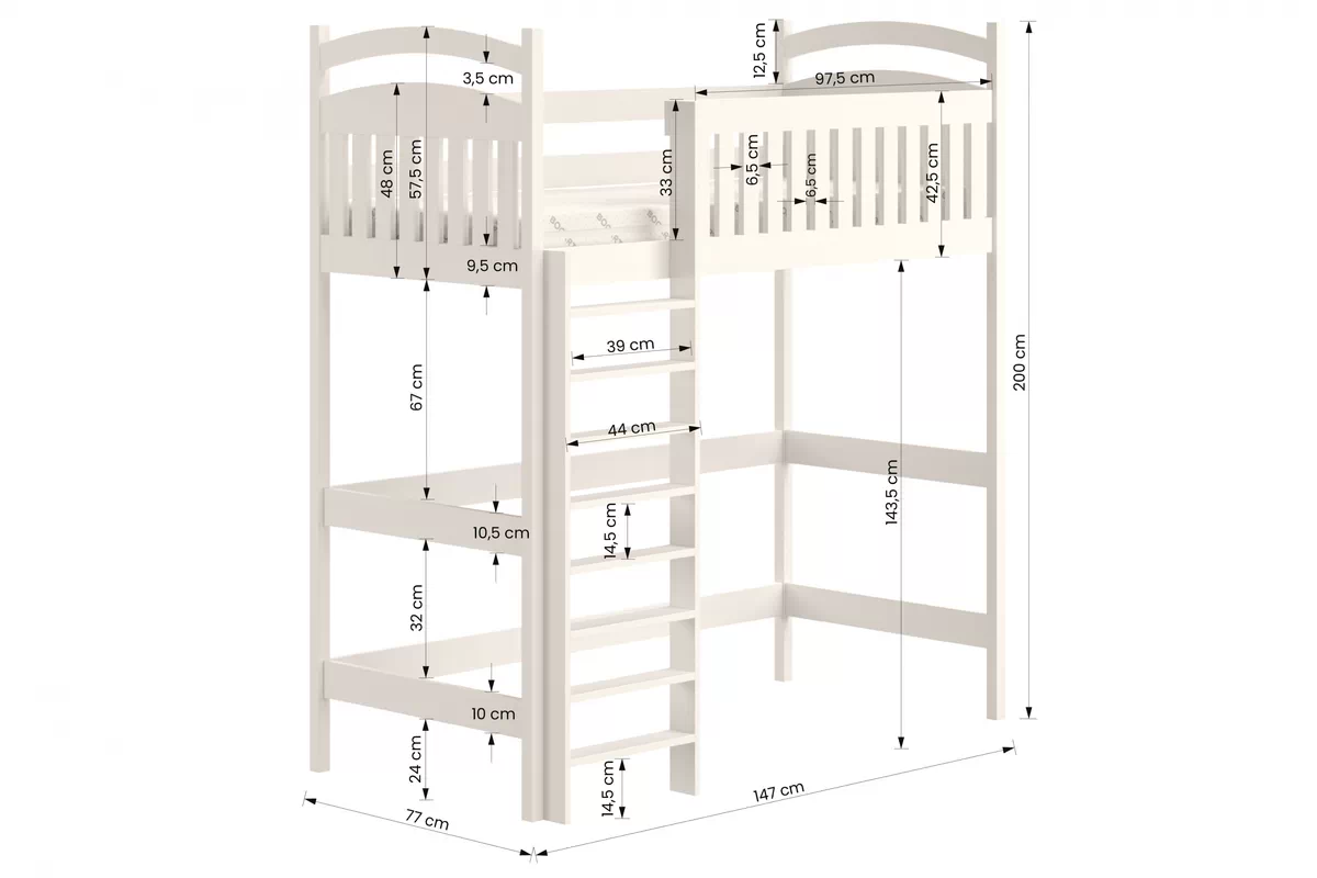 Dětská vyvýšená postel Amely ZP 006 - Barva Bílý, rozměr 70x140 postel dzieciece vyvýšená postel Amely - Rozměry