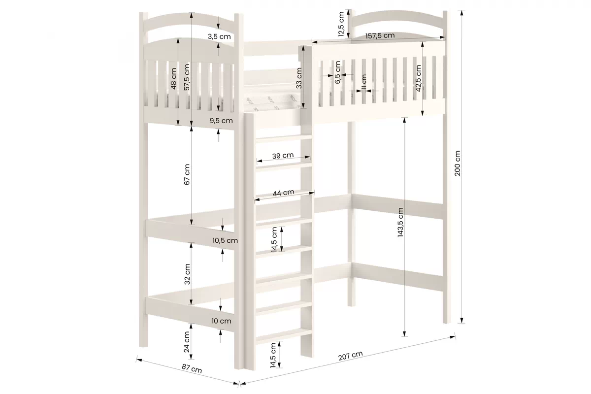 Pat copii supraetajat Amely ZP 006 80x200 - culoare alb Lozko dzieciece pat supraetajat Amely - Dimensiuni