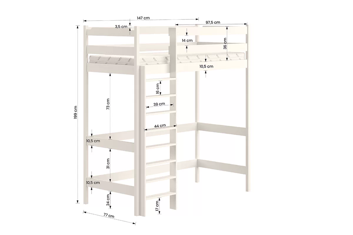 Vyvýšená detská posteľ Samio Zp 004 - 70x140 cm - biela Posteľ dzieciece vyvýšená Samio z drabinka - 70x140 / Biely