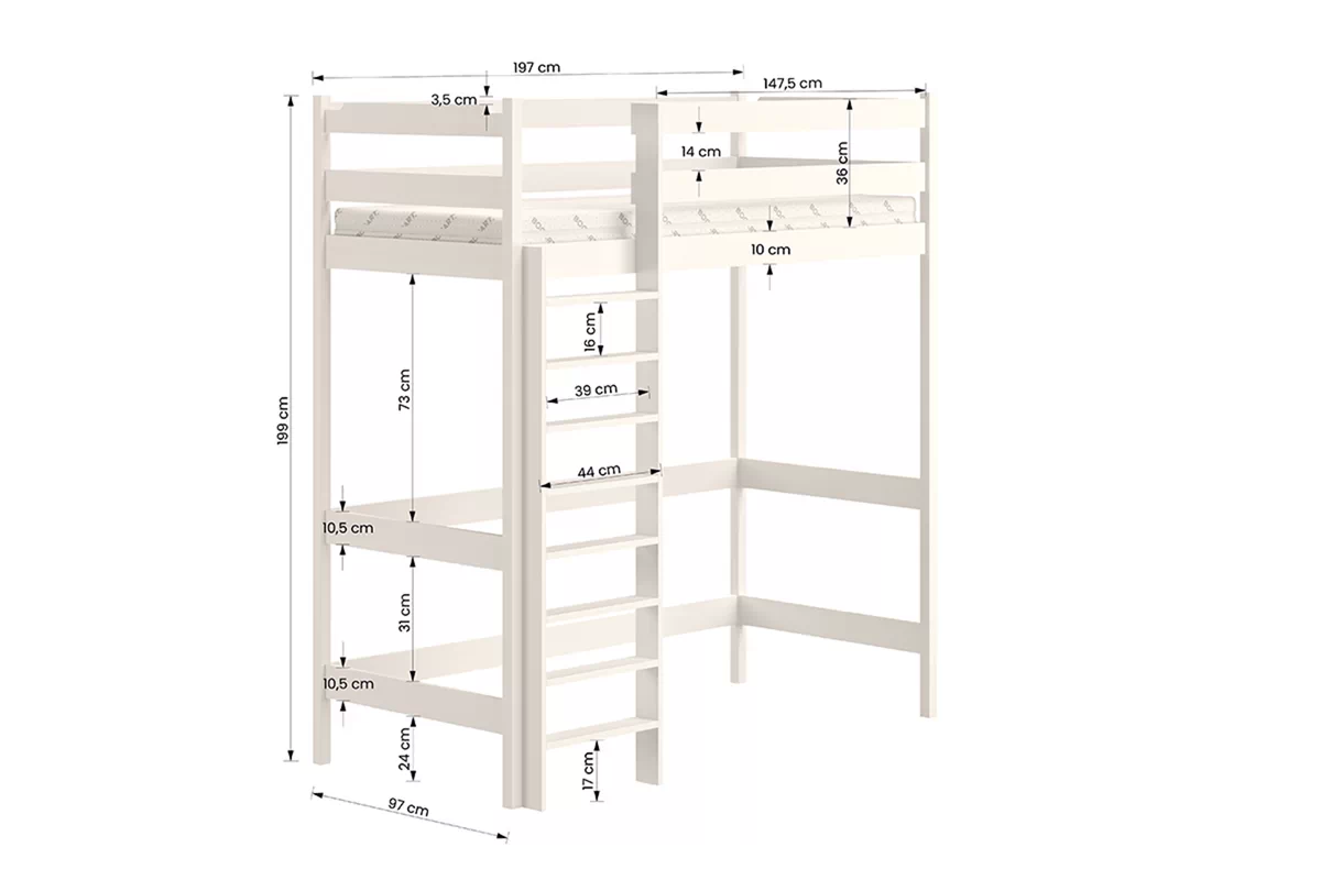 Vyvýšená detská posteľ Samio Zp 004 - 90x190 cm - biela Posteľ dzieciece vyvýšená Samio z drabinka - 90x190 / Biely