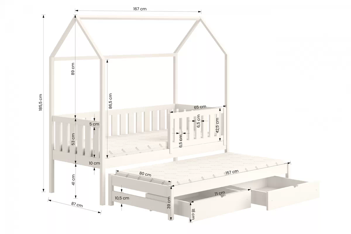 Domčeková posteľ s prístelkou Nemos - biely, 80x160 Posteľ dzieciece prízemná s výsuvným lôžkom Nemos - Rozmery