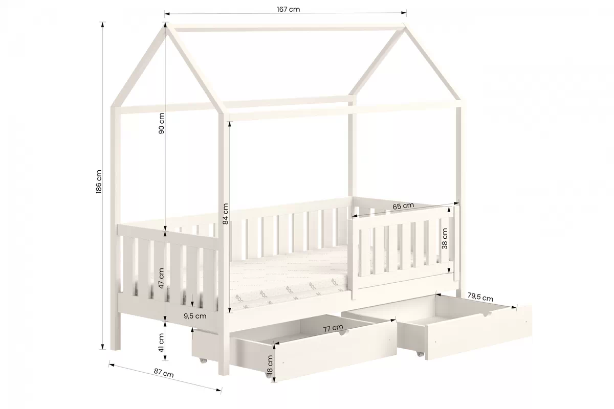 Domčeková posteľ Nemos II s prístelkou - 80x160 cm - biela Posteľ dzieciece prízemná so zásuvkami Nemos II - Rozmery