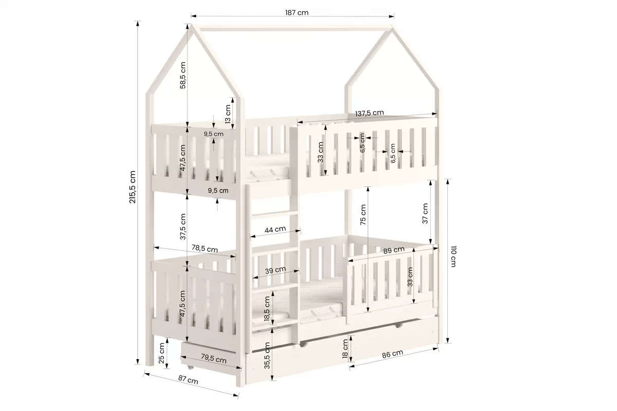 Dětská patrová domečková postel Nemos 80x180 - bílá postel dzieciece patrová  Nemos - Rozměry