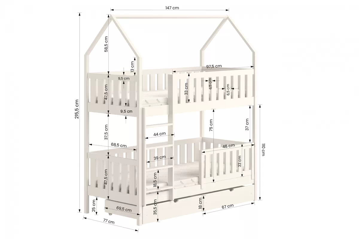 Pat pentru copii supraetajat tip căsuță Nemos – Culoare Negru, 70x140 Lozko dzieciece pietrowe Nemos - Dimensiuni