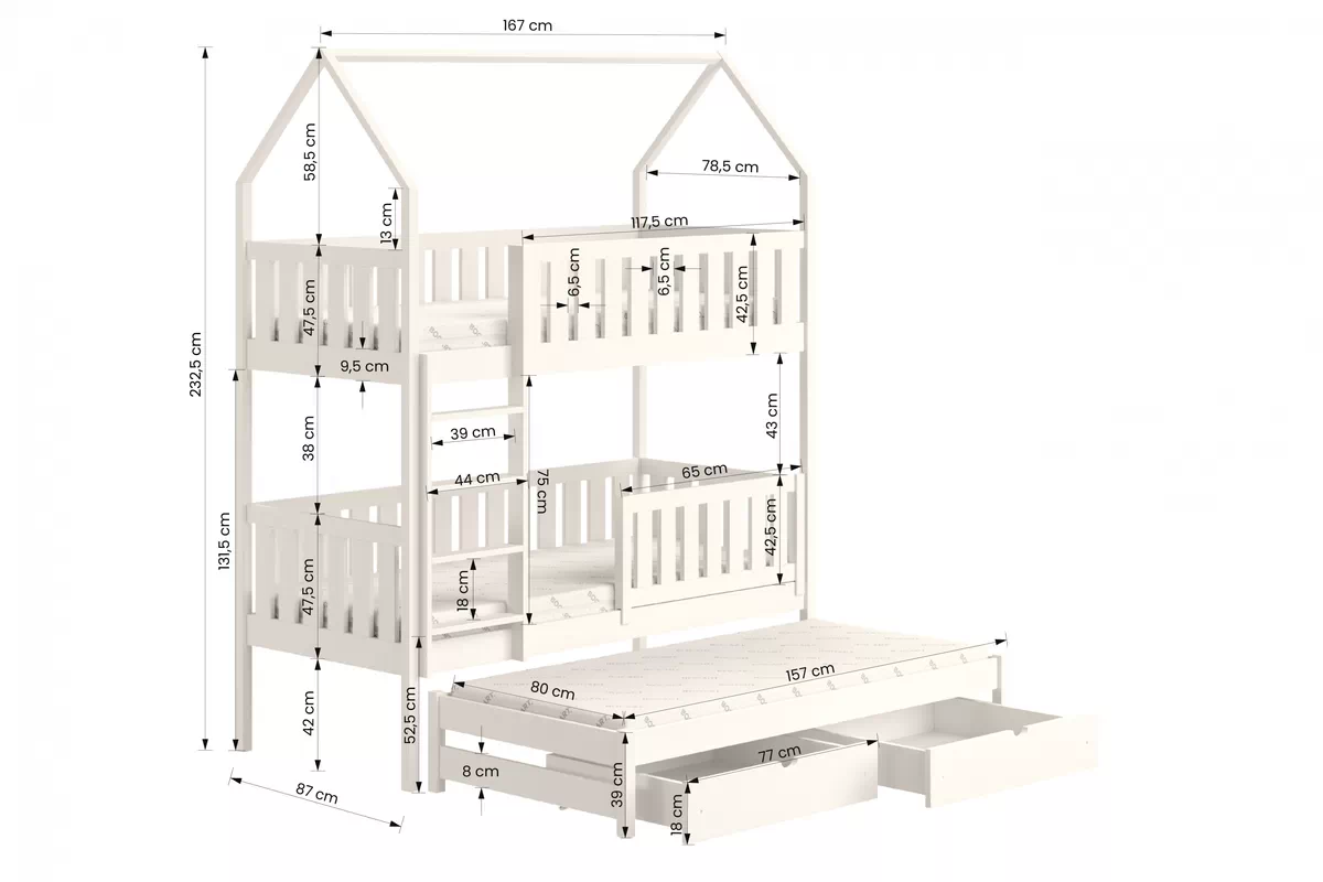 Poschodová domčeková posteľ Nemos s prístelkou - 80x160 cm - biela Posteľ dzieciece poschodová s výsuvným lôžkom Nemos - Rozmery