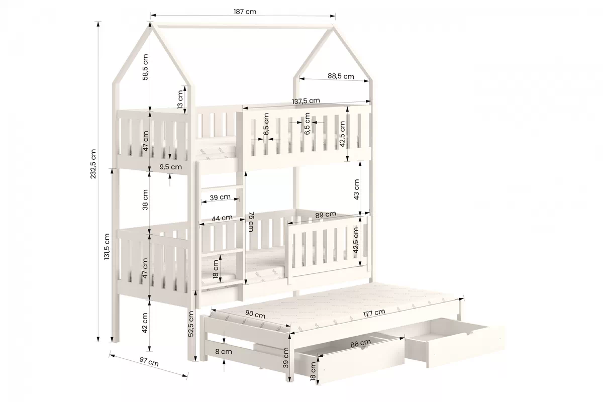 Poschodová domčeková posteľ Nemos s prístelkou - 90x180 cm - biela Posteľ dzieciece poschodová s výsuvným lôžkom Nemos - Rozmery