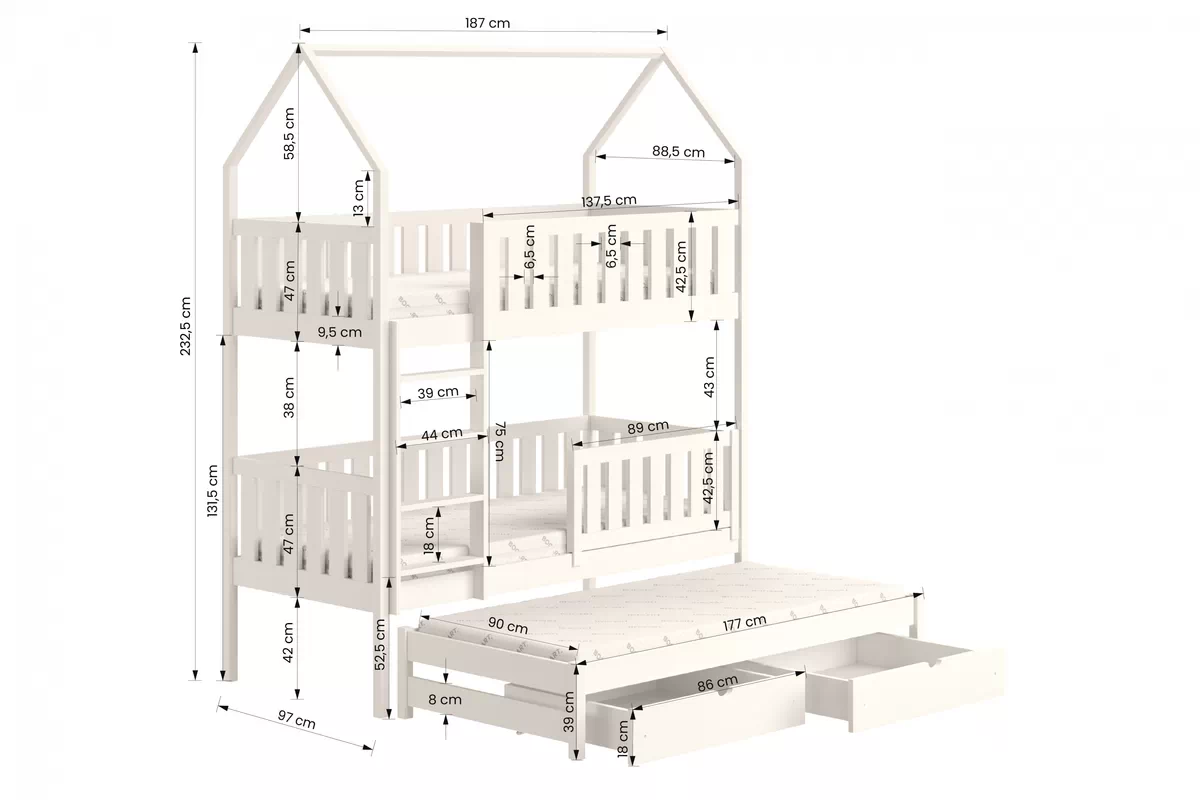 Dětská domečková postel patrová výsuvná Nemos - šedý, 90x180 postel dzieciece patrová  výsuvná Nemos - Rozměry