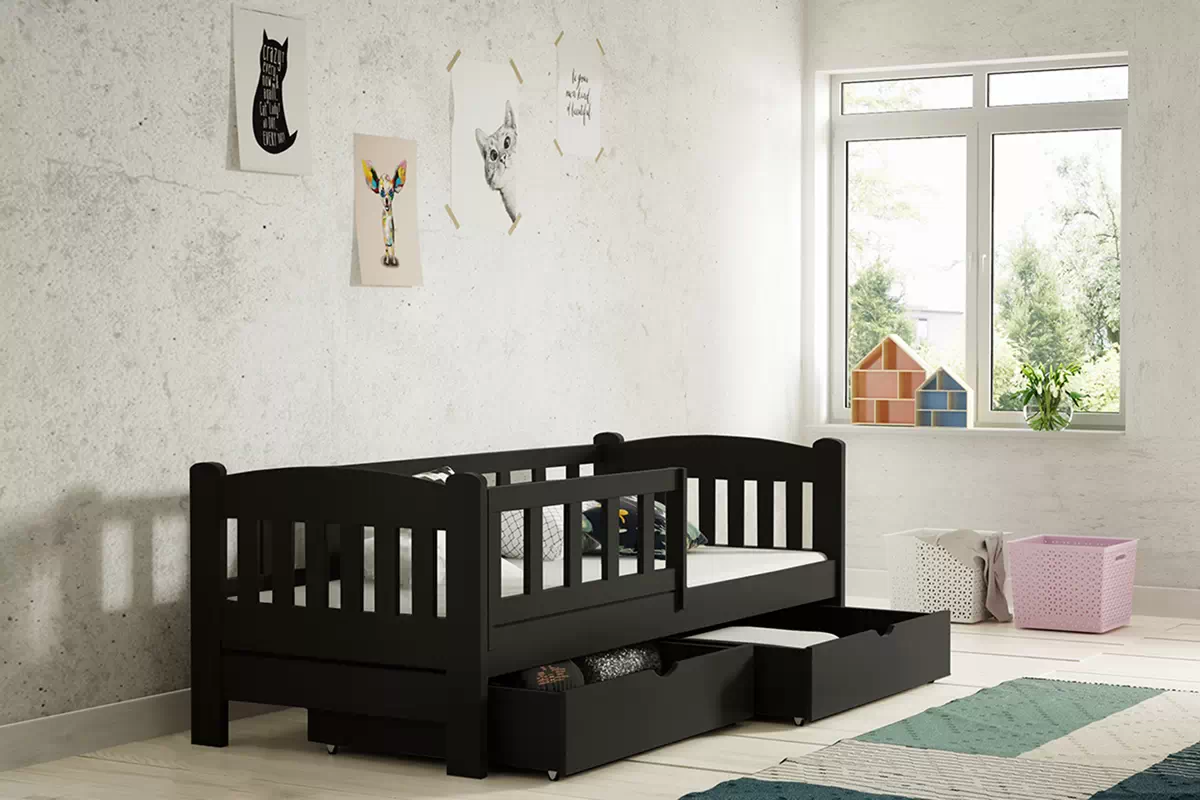 Detská posteľ Alvins DP 002 so zásuvkami - 90x180 cm - čierna Posteľ dzieciece drevená Alvins so zásuvkami - 90x180 / Čierny