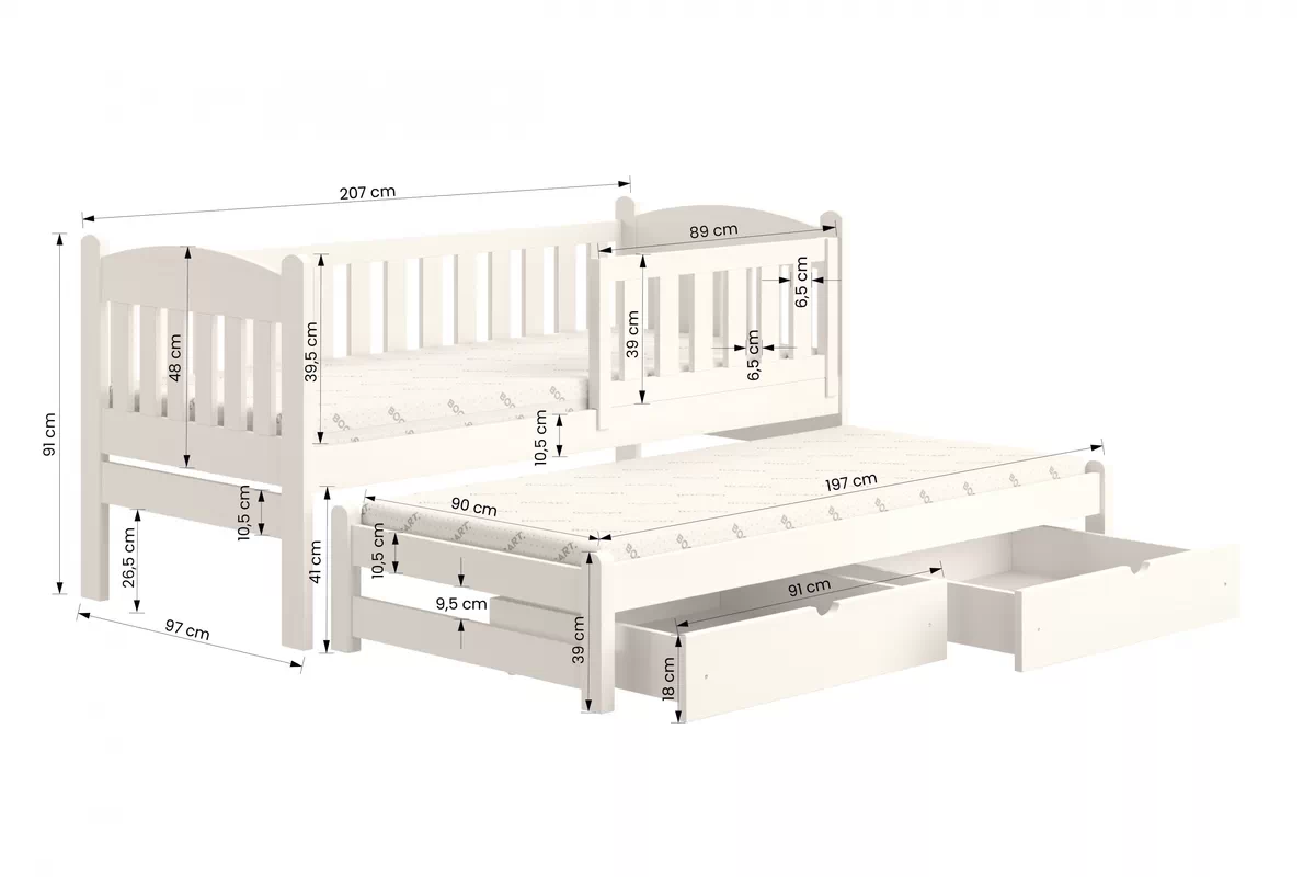 Detská posteľ Alvins s prístelkou - 90x200 cm - biela Posteľ dzieciece prízemná s výsuvným lôžkom Alvins - Farba Biely - Rozmery
