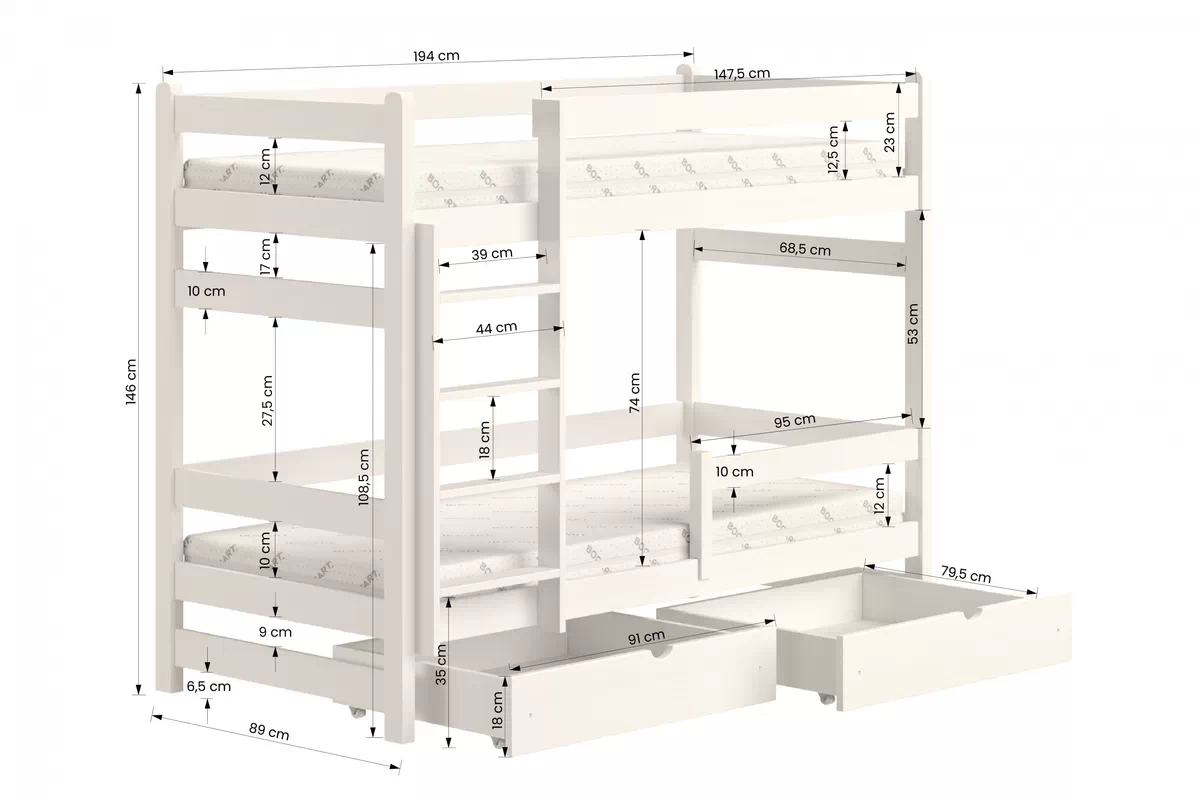 Alis PP 014 emeletes ágy gyerekeknek - fehér, 80x190 Ágy dzieciece pietrowe Alis - méretek