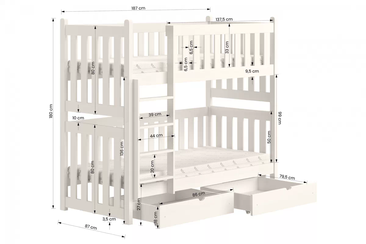 Detská poschodová posteľ Swen PP 026 - šedý, 80x180 Posteľ poschodová Swen - Rozmery
