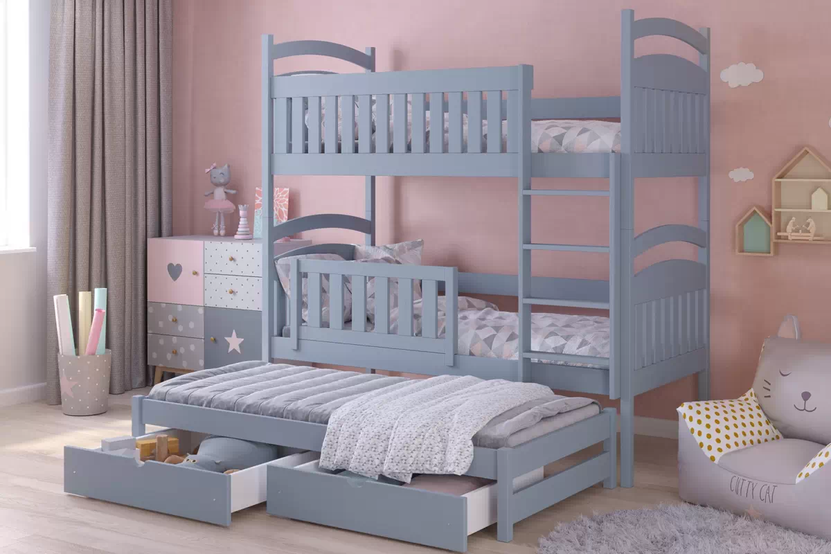 Poschodová posteľ Amely s prístelkou - 80x190 cm - šedá Posteľ dzieciece poschodová výsuvna 3 os. Amely - Farba šedý - vizualizácia