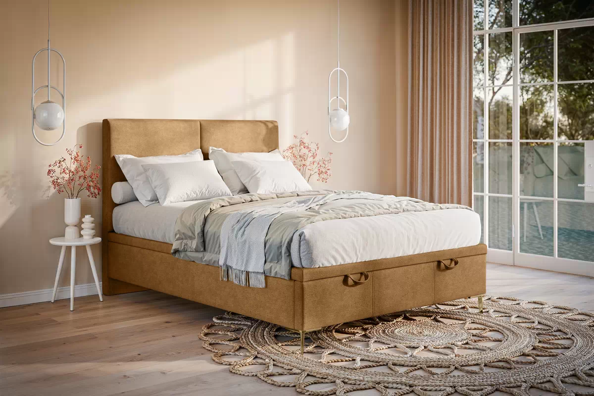 Boxspring posteľ Lektis 140x200 S vnútorným úložným priestorom- nožičky kovové zlote Boxspring posteľ Lektis 140x200 S vnútorným úložným priestorom- medový Hnedá látka ľahkočistiaca Maya 06 / nožičky kovové zlote