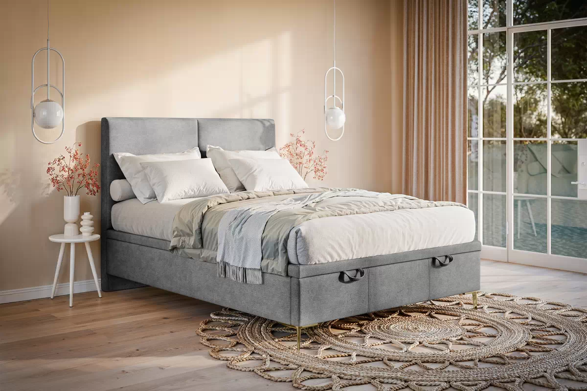 Boxspring posteľ Lektis 140x200 S vnútorným úložným priestorom- medový Hnedá látka ľahkočistiaca Maya 06 / nožičky kovové zlote Boxspring posteľ Lektis 140x200 S vnútorným úložným priestorom- šedá látka ľahkočistiaca Maya 18 / nožičky kovové zlote