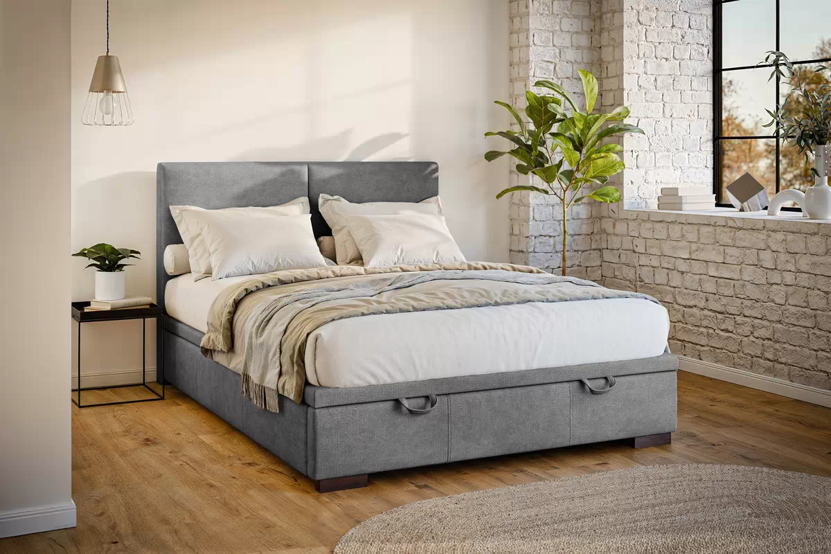 Postel boxspring Lektis 160x200 s úložným prostorem- šedá potahová látka snadno čistitelný Maya 18 / Nohy dřevěná wenge Postel boxspring Lektis 160x200 s úložným prostorem- šedá potahová látka snadno čistitelný Maya 18 / Nohy dřevěná wenge