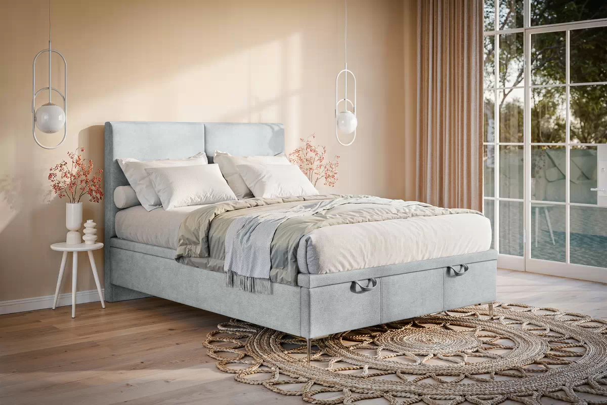 Boxspring posteľ Lektis 180x200 S vnútorným úložným priestorom- popielata látka ľahkočistiaca Maya 20 / nožičky kovové srebrne  Boxspring posteľ Lektis 180x200 S vnútorným úložným priestorom- popielata látka ľahkočistiaca Maya 20 / nožičky kovové srebrne 