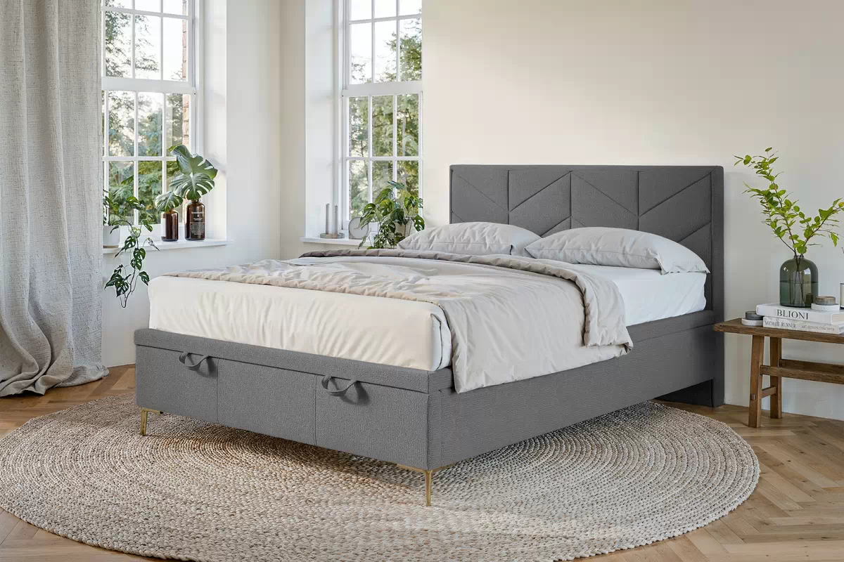 Boxspring posteľ Lindi 140x200 S vnútorným úložným priestorom- šedý szenil Perfect Harmony 82 / nožičky zlote Boxspring posteľ Lindi 140x200 S vnútorným úložným priestorom- šedý szenil Perfect Harmony 82 / nožičky zlote