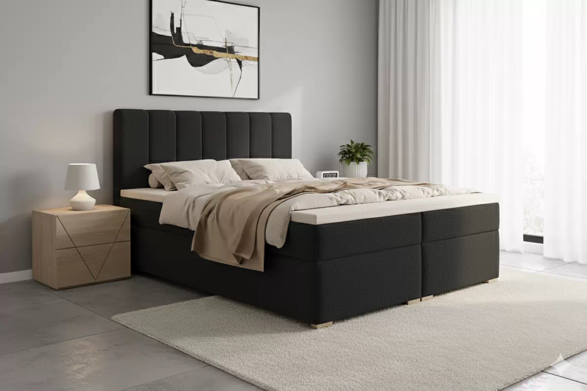 Kontinentálna posteľ Mareli 180x200 s úložným priestorom - čierna bouclé Quelle 100 Boxspring posteľ Mareli 180x200 s úložným priestorom - Čierna bukla Quelle 100