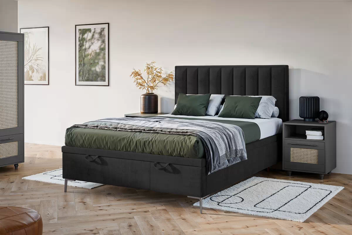 Postel boxspring Misel 140x200 s úložným prostorem- černá samet Magic Velvet 2219 / Nohy srebrne Postel boxspring Misel 140x200 s úložným prostorem- černá samet Magic Velvet 2219 / Nohy srebrne