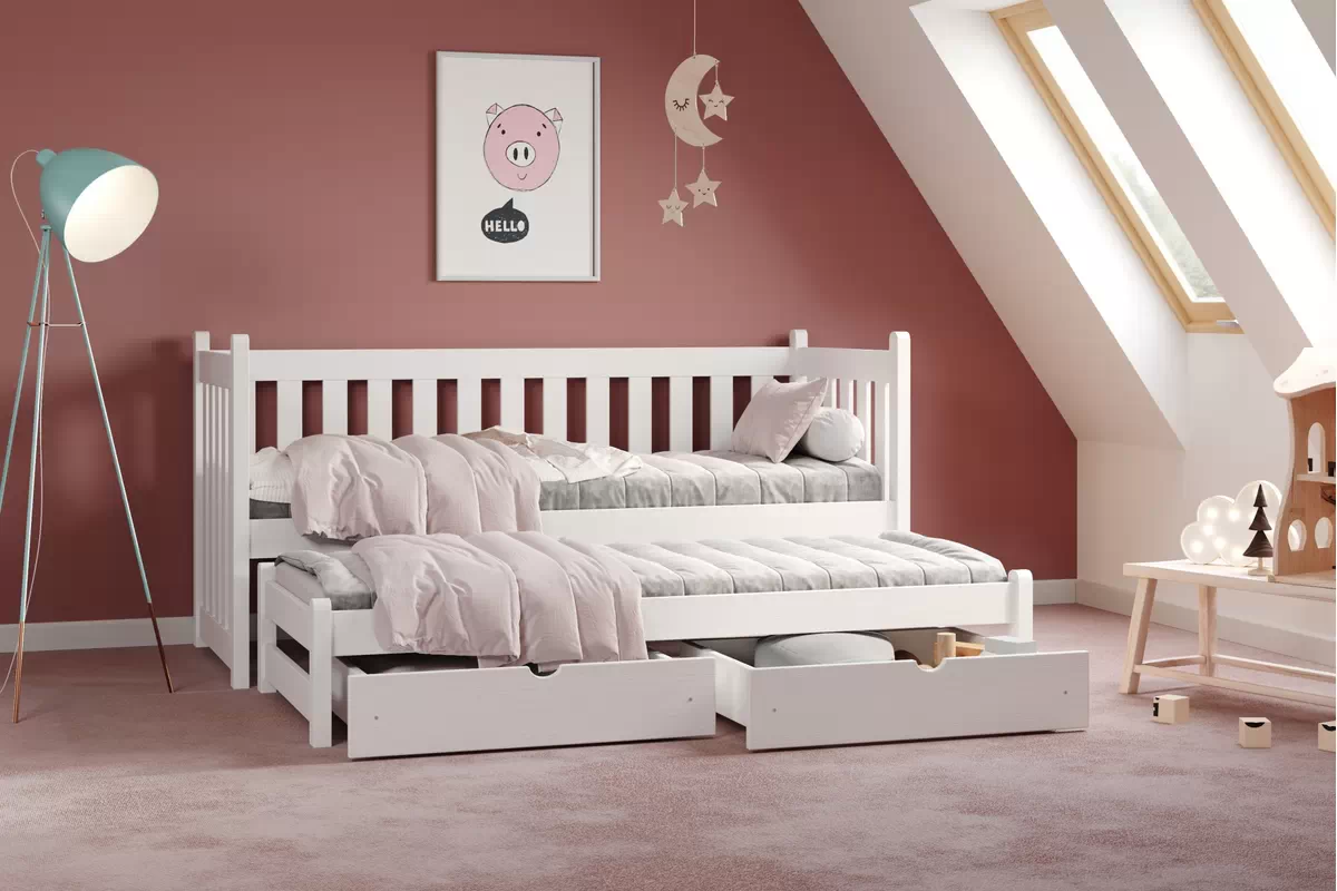 Detská posteľ Swen s prístelkou - 80x180 cm - biela Posteľ prízemná výsuvna Swen - Farba Biely - vizualizácia