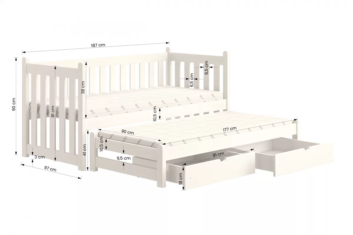 Detská posteľ Swen s prístelkou - 90x180 cm - biela Posteľ prízemná výsuvna Swen - wymiar 90x180