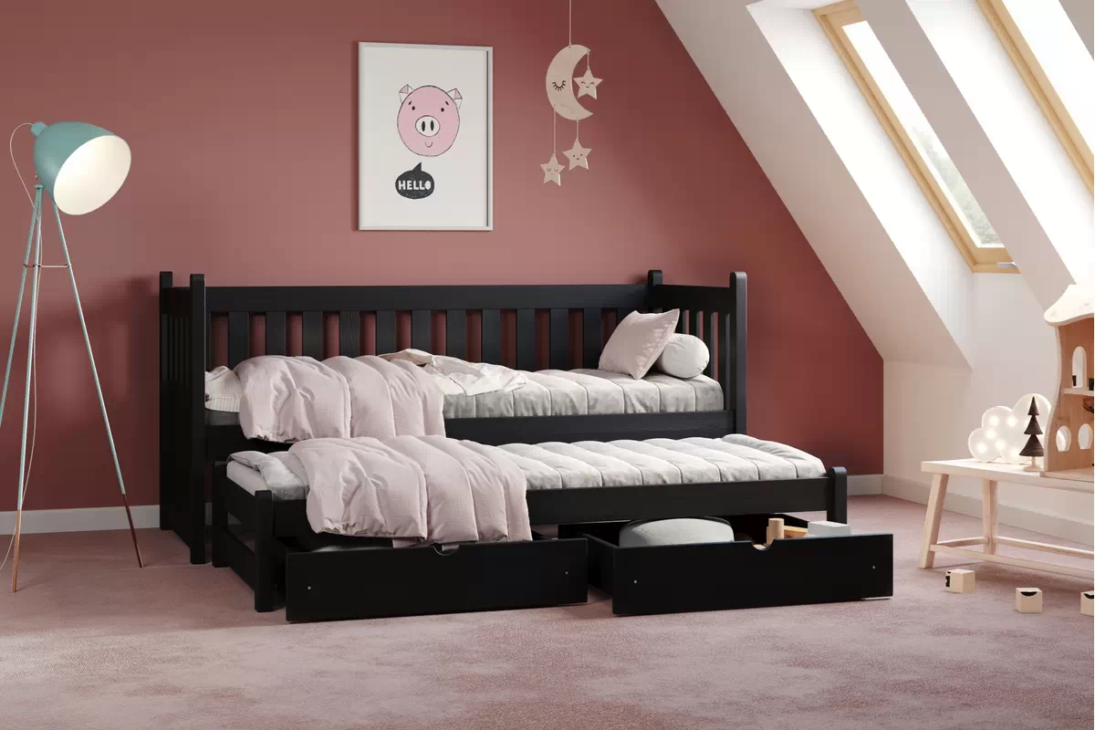 Detská posteľ Swen s prístelkou - 90x180 cm - čierna Posteľ prízemná výsuvna Swen - Farba Čierny - vizualizácia