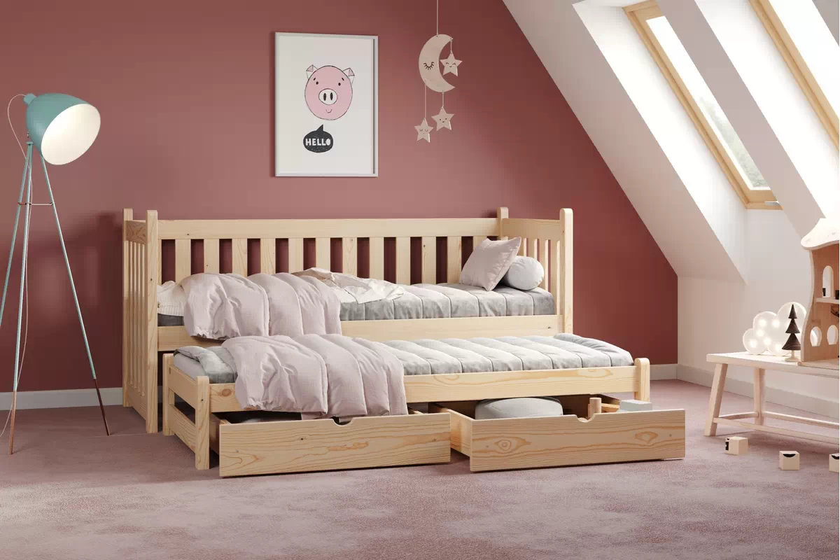 Detská posteľ Swen s prístelkou - 90x200 cm - borovica Posteľ prízemná výsuvna Swen - Farba Borovica - vizualizácia