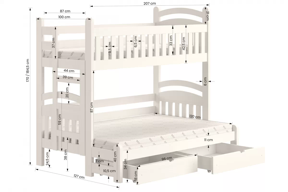 Poschodová posteľ Amely Maxi ľavá - 90x200/120x200 cm - biela Posteľ poschodová Amely Maxi ľavá strana - Rozmery