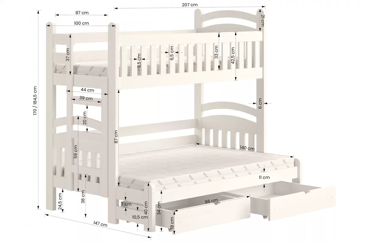 Pat supraetajat Amely Maxi - alb, 90x200/140x200 Pat supraetajat Amely Maxi lewostronne - Dimensiuni