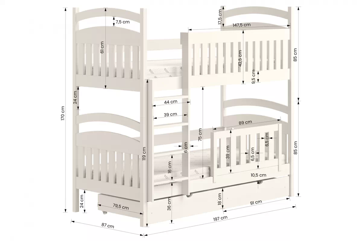 Pat supraetajat din lemn Amely 80x190 - culoare alb Pat supraetajat drewniane Amely - Dimensiuni