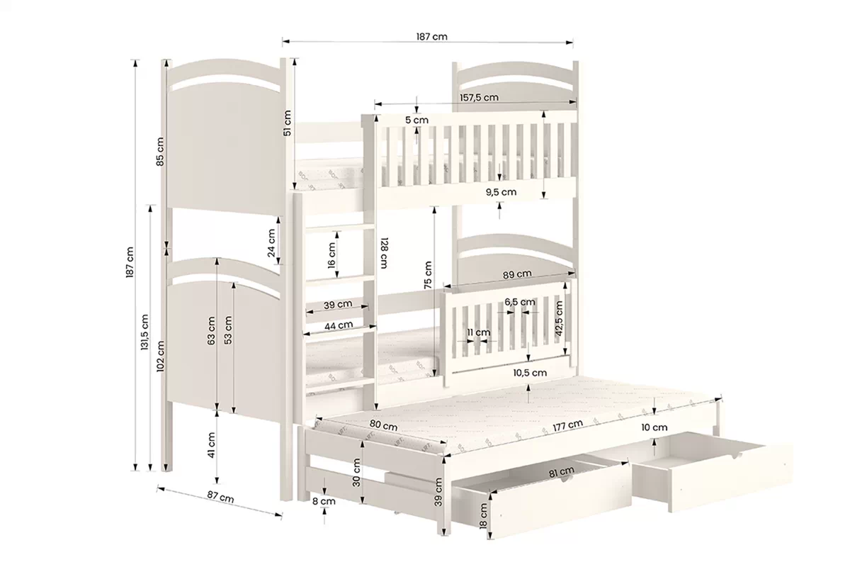 Pat supraetajat extensibil cu tablă de scris Amely - culoare alb, 80x180 Lozko pietrowe retractabil z tablica suchoscieralna Amely - 80x180 / bialy