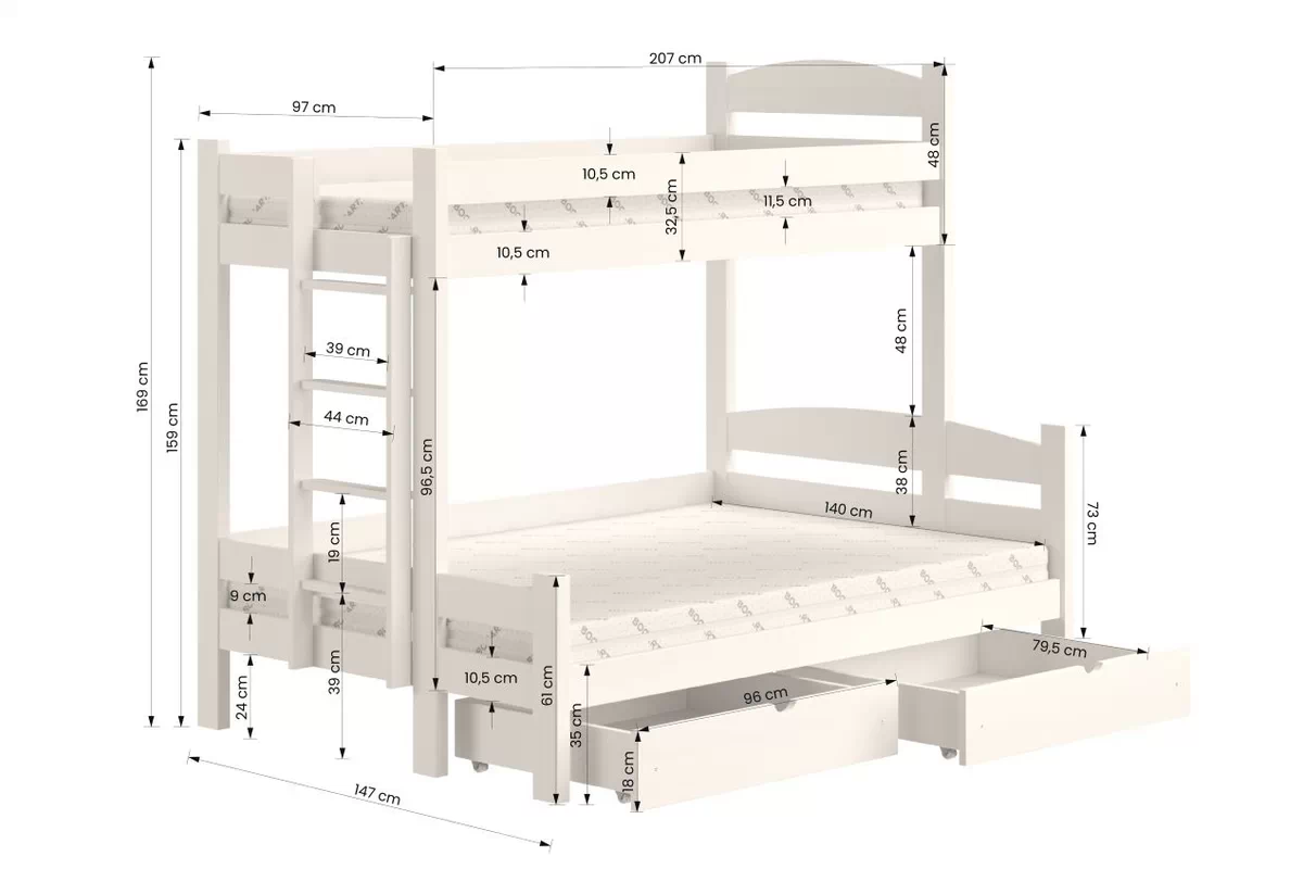 Patrová postel se zásuvkami Lovic levá - bílá, 90x200/140x200 postel patrová  s zásuvkami Lovic - Bílý - míru 90x200/140x200