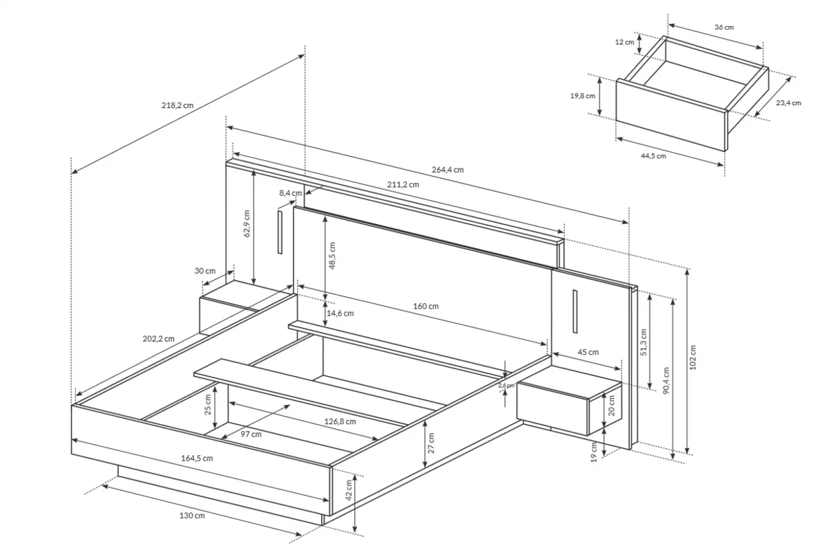 Manželská posteľ Numb ze stolikami nocnymi a osvetlením 160x200 - biely/Dub craft Posteľ do spálne Numb ze stolikami nocnymi i oswietleniem 160x200 - Biely/Dub craft